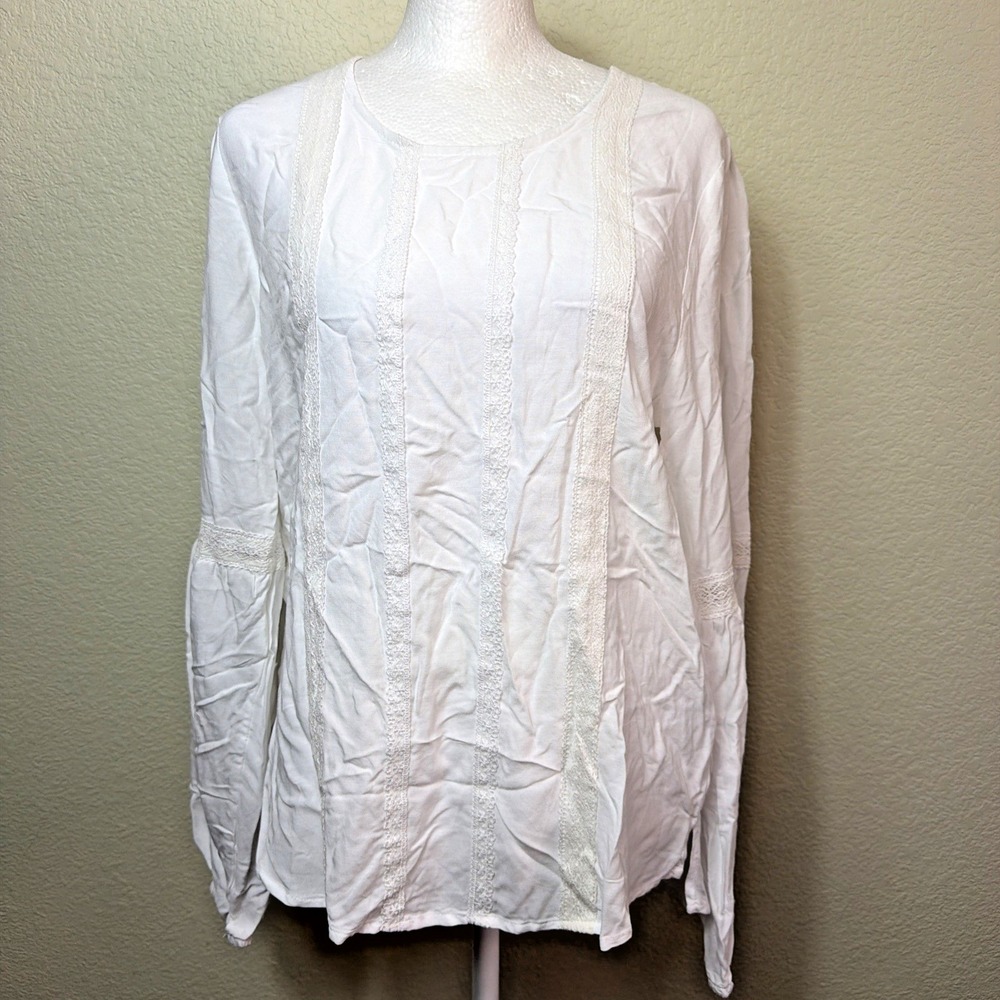 Oak & Trellis Peasant Top Women Size Large White Cotton Lace Casual Cottagecore
